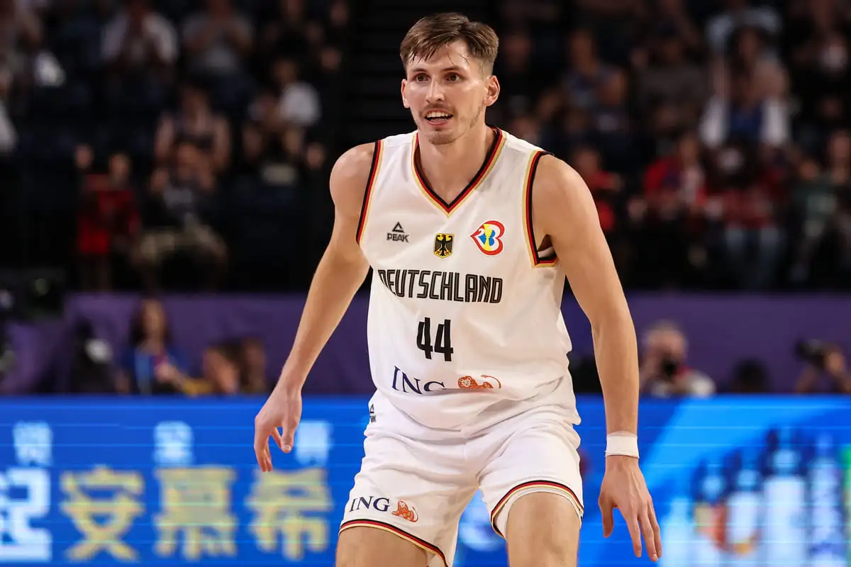 OKINAWA, JAPAN - SEPTEMBER 01: David Kramer #44 of Germany looks on during the FIBA Basketball World Cup 2nd Round Group K game between Germany and Georgia at Okinawa Arena on September 01, 2023 in Okinawa, Japan. (Photo by Takashi Aoyama/Getty Images)
