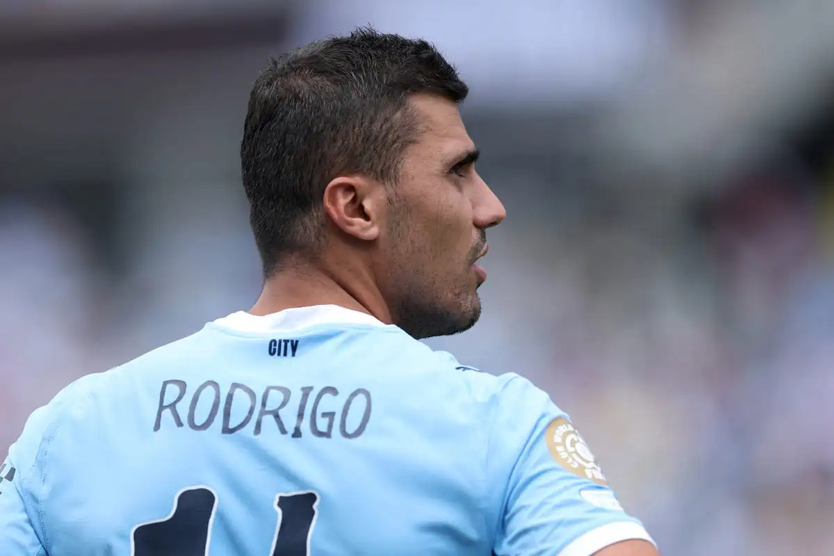 ORLANDO, FLORIDA - JUNE 26: Rodri #16 of Manchester City during the FIFA Club World Cup 2025 group G match between Juventus FC and Manchester City FC at Camping World Stadium on June 26, 2025 in Orlando, Florida. (Photo by Dan Mullan/Getty Images)