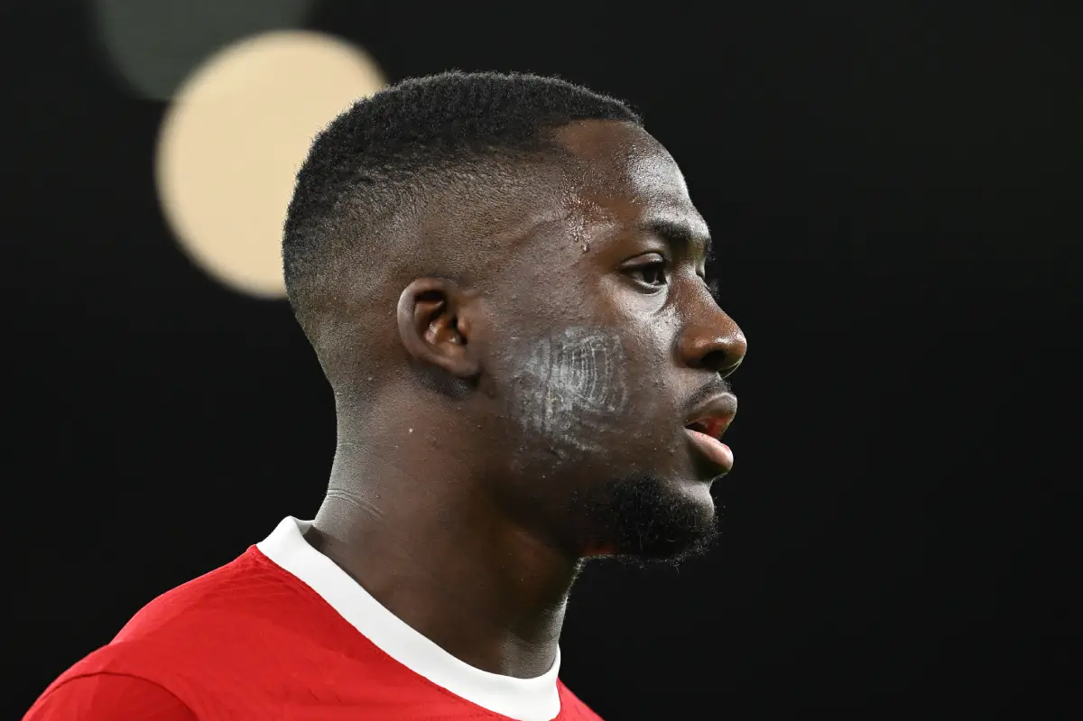 LIVERPOOL, ENGLAND - DECEMBER 23: Ibrahima Konate of Liverpool looks on during the Premier League match between Liverpool FC and Arsenal FC at Anfield on December 23, 2023 in Liverpool, England. (Photo by Michael Regan/Getty Images)