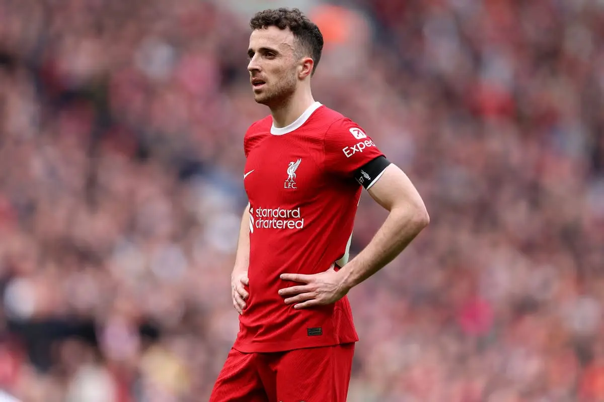 LIVERPOOL, ENGLAND - APRIL 14: Diogo Jota of Liverpool in action during the Premier League match between Liverpool FC and Crystal Palace at Anfield on April 14, 2024 in Liverpool, England. (Photo by Michael Steele/Getty Images)
