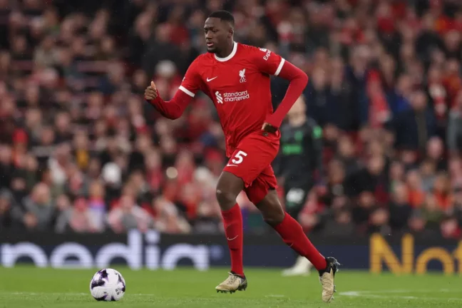 LIVERPOOL, ENGLAND - APRIL 04: Ibrahima Konate of Liverpool FC in action during the Premier League match between Liverpool FC and Sheffield United at Anfield on April 04, 2024 in Liverpool, England. (Photo by Jan Kruger/Getty Images)