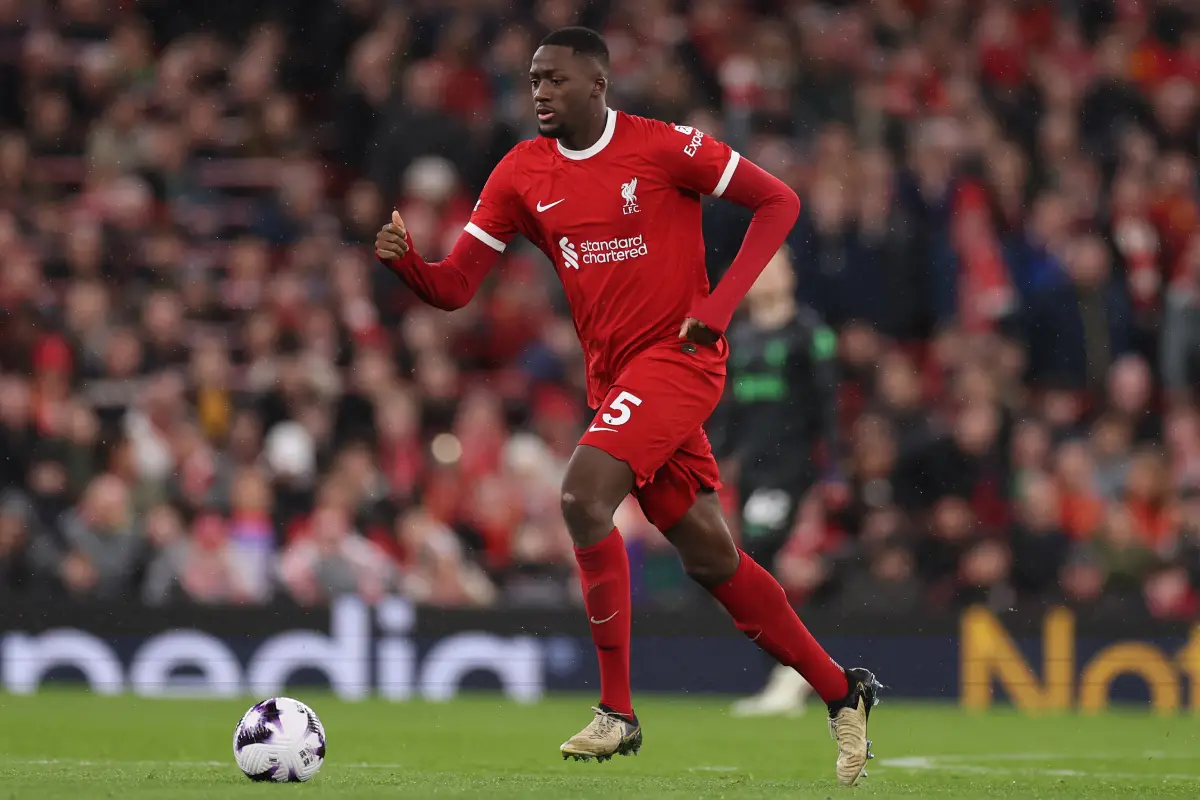 LIVERPOOL, ENGLAND - APRIL 04: Ibrahima Konate of Liverpool FC in action during the Premier League match between Liverpool FC and Sheffield United at Anfield on April 04, 2024 in Liverpool, England. (Photo by Jan Kruger/Getty Images)