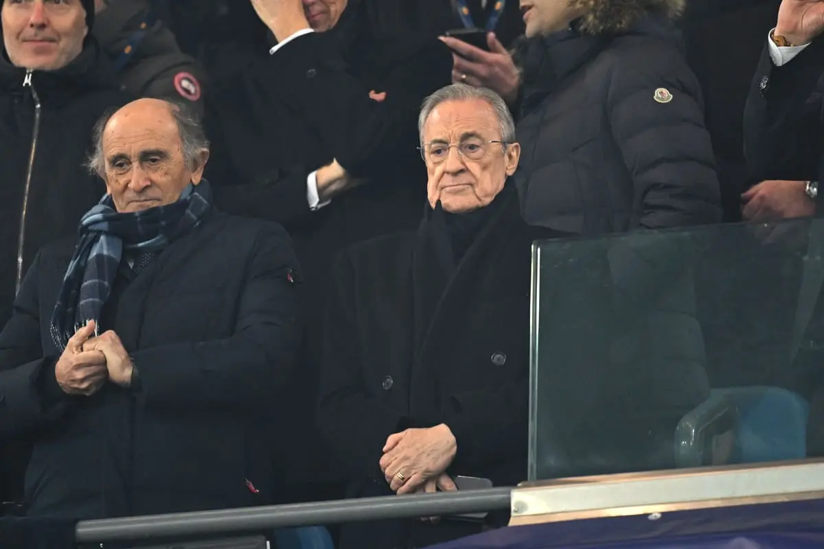 MANCHESTER, ENGLAND - FEBRUARY 11: Florentino Perez, President of Real Madrid, looks on in the stands prior to the UEFA Champions League 2024/25 League Knockout Play-off first leg match between Manchester City and Real Madrid C.F. at Manchester City Stadium on February 11, 2025 in Manchester, England. (Photo by Michael Regan/Getty Images)