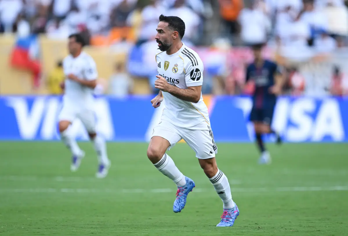 EAST RUTHERFORD, NEW JERSEY - JULY 09: Dani Carvajal #2 of Real Madrid C.F. reacts during the FIFA Club World Cup 2025 semi-final match between Paris Saint-Germain and Real Madrid CF at MetLife Stadium on July 09, 2025 in East Rutherford, New Jersey. (Photo by David Ramos/Getty Images)