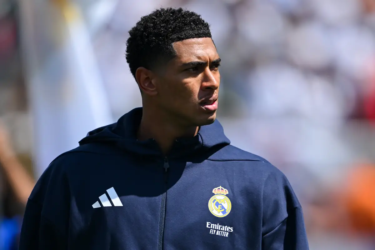 EAST RUTHERFORD, NEW JERSEY - JULY 09: Jude Bellingham of Real Madrid looks on during the FIFA Club World Cup 2025 semi-final match between Paris Saint-Germain and Real Madrid CF at MetLife Stadium on July 09, 2025 in East Rutherford, New Jersey. (Photo by David Ramos/Getty Images)