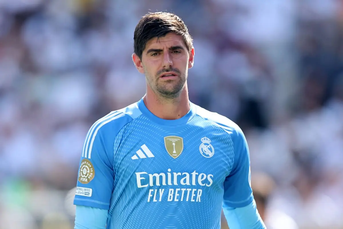 EAST RUTHERFORD, NEW JERSEY - JULY 09: Thibaut Courtois #1 of Real Madrid C. F. reacts during the FIFA Club World Cup 2025 semi-final match between Winner Game 59 and Winner Game 60 at MetLife Stadium on July 09, 2025 in East Rutherford, New Jersey. (Photo by Alex Grimm/Getty Images)