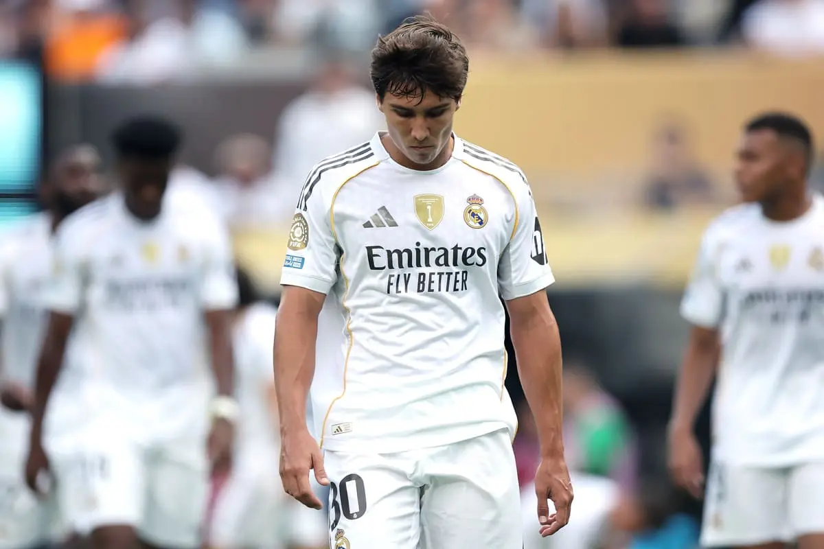 EAST RUTHERFORD, NEW JERSEY - JULY 09: Gonzalo Garcia #30 of Real Madrid C.F. reacts during the FIFA Club World Cup 2025 semi-final match between Paris Saint-Germain and Real Madrid CF at MetLife Stadium on July 09, 2025 in East Rutherford, New Jersey. (Photo by Alex Grimm/Getty Images)
