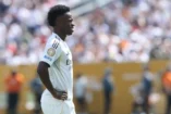 EAST RUTHERFORD, NEW JERSEY - JULY 09: Vinicius Jr. #7 of Real Madrid C. F. reacts during the FIFA Club World Cup 2025 semi-final match between Winner Game 59 and Winner Game 60 at MetLife Stadium on July 09, 2025 in East Rutherford, New Jersey. (Photo by Alex Grimm/Getty Images)