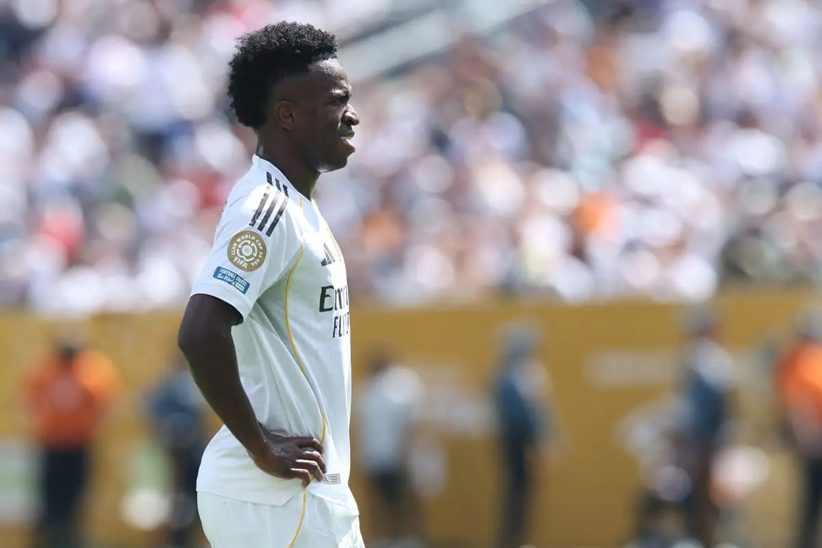 EAST RUTHERFORD, NEW JERSEY - JULY 09: Vinicius Jr. #7 of Real Madrid C. F. reacts during the FIFA Club World Cup 2025 semi-final match between Winner Game 59 and Winner Game 60 at MetLife Stadium on July 09, 2025 in East Rutherford, New Jersey. (Photo by Alex Grimm/Getty Images)