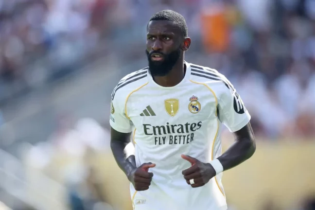 EAST RUTHERFORD, NEW JERSEY - JULY 09: Antonio Ruediger #22 of Real Antonio Rüdiger Madrid C. F. reacts during the FIFA Club World Cup 2025 semi-final match between Winner Game 59 and Winner Game 60 at MetLife Stadium on July 09, 2025 in East Rutherford, New Jersey. (Photo by Alex Grimm/Getty Images)