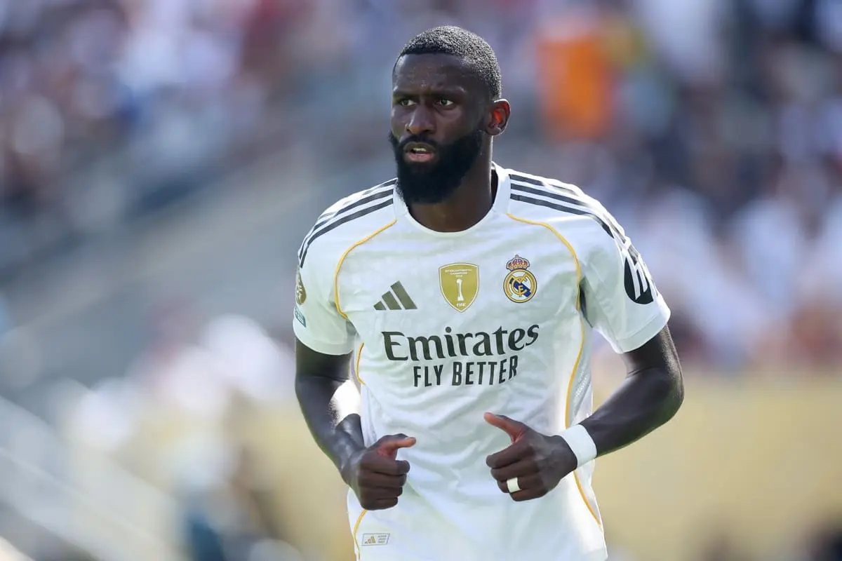 EAST RUTHERFORD, NEW JERSEY - JULY 09: Antonio Ruediger #22 of Real Antonio Rüdiger Madrid C. F. reacts during the FIFA Club World Cup 2025 semi-final match between Winner Game 59 and Winner Game 60 at MetLife Stadium on July 09, 2025 in East Rutherford, New Jersey. (Photo by Alex Grimm/Getty Images)