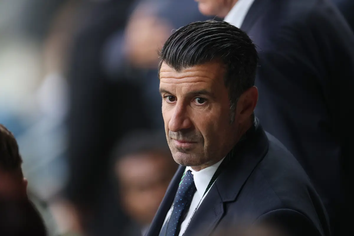 WROCLAW, POLAND - MAY 28: Former professional footballer Luis Figo looks on from the stand ahead of the UEFA Conference League Final 2025 between Real Betis Balompie and Chelsea FC at Stadion Wroclaw on May 28, 2025 in Wroclaw, Poland. (Photo by Dean Mouhtaropoulos/Getty Images)
