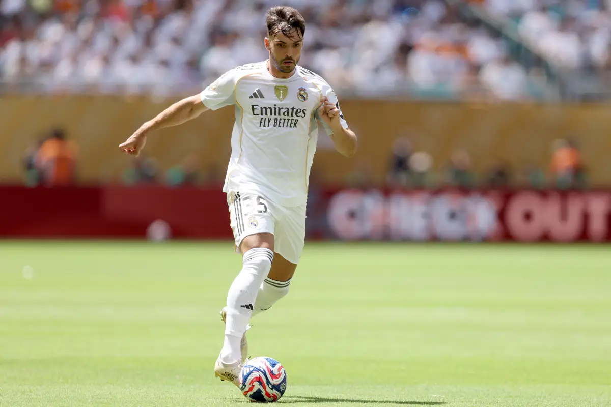 MIAMI GARDENS, FLORIDA - JUNE 18: Raul Asencio #35 of Real Madrid C.F. controls the ball during the FIFA Club World Cup 2025 group H match between Real Madrid CF and Al Hilal at Hard Rock Stadium on June 18, 2025 in Miami Gardens, Florida. (Photo by Megan Briggs/Getty Images)