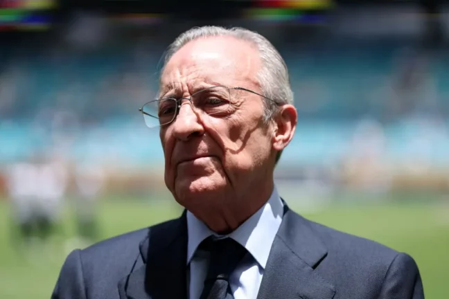 MIAMI GARDENS, FLORIDA - JUNE 18: President of Real Madrid Florentino Pérez looks on prior to the FIFA Club World Cup 2025 group H match between Real Madrid CF and Al Hilal at Hard Rock Stadium on June 18, 2025 in Miami Gardens, Florida. (Photo by Dan Mullan/Getty Images).