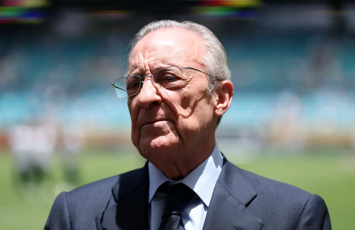 MIAMI GARDENS, FLORIDA - JUNE 18: President of Real Madrid Florentino Pérez looks on prior to the FIFA Club World Cup 2025 group H match between Real Madrid CF and Al Hilal at Hard Rock Stadium on June 18, 2025 in Miami Gardens, Florida. (Photo by Dan Mullan/Getty Images).