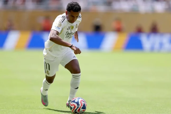 MIAMI GARDENS, FLORIDA - JUNE 18: Rodrygo #11 of Real Madrid C.F. controls the ball during the FIFA Club World Cup 2025 group H match between Real Madrid CF and Al Hilal at Hard Rock Stadium on June 18, 2025 in Miami Gardens, Florida. (Photo by Megan Briggs/Getty Images)