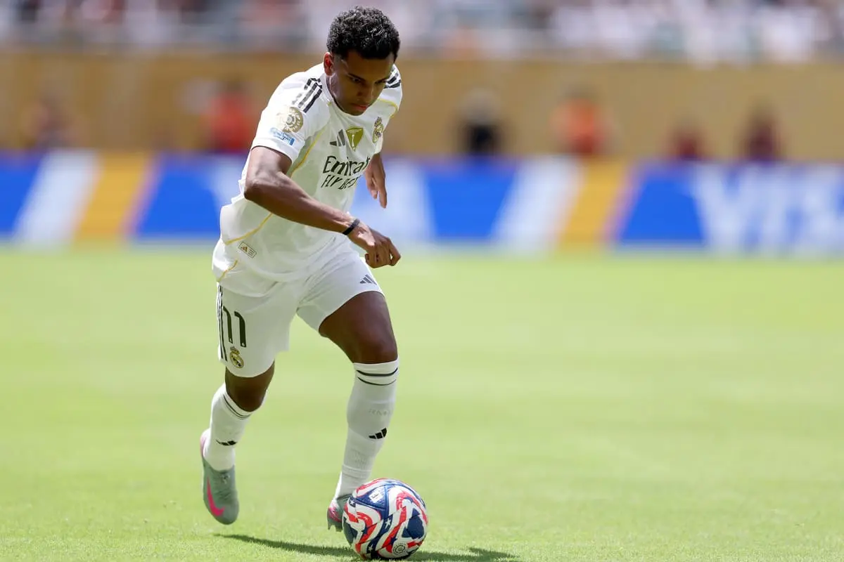 MIAMI GARDENS, FLORIDA - JUNE 18: Rodrygo #11 of Real Madrid C.F. controls the ball during the FIFA Club World Cup 2025 group H match between Real Madrid CF and Al Hilal at Hard Rock Stadium on June 18, 2025 in Miami Gardens, Florida. (Photo by Megan Briggs/Getty Images)