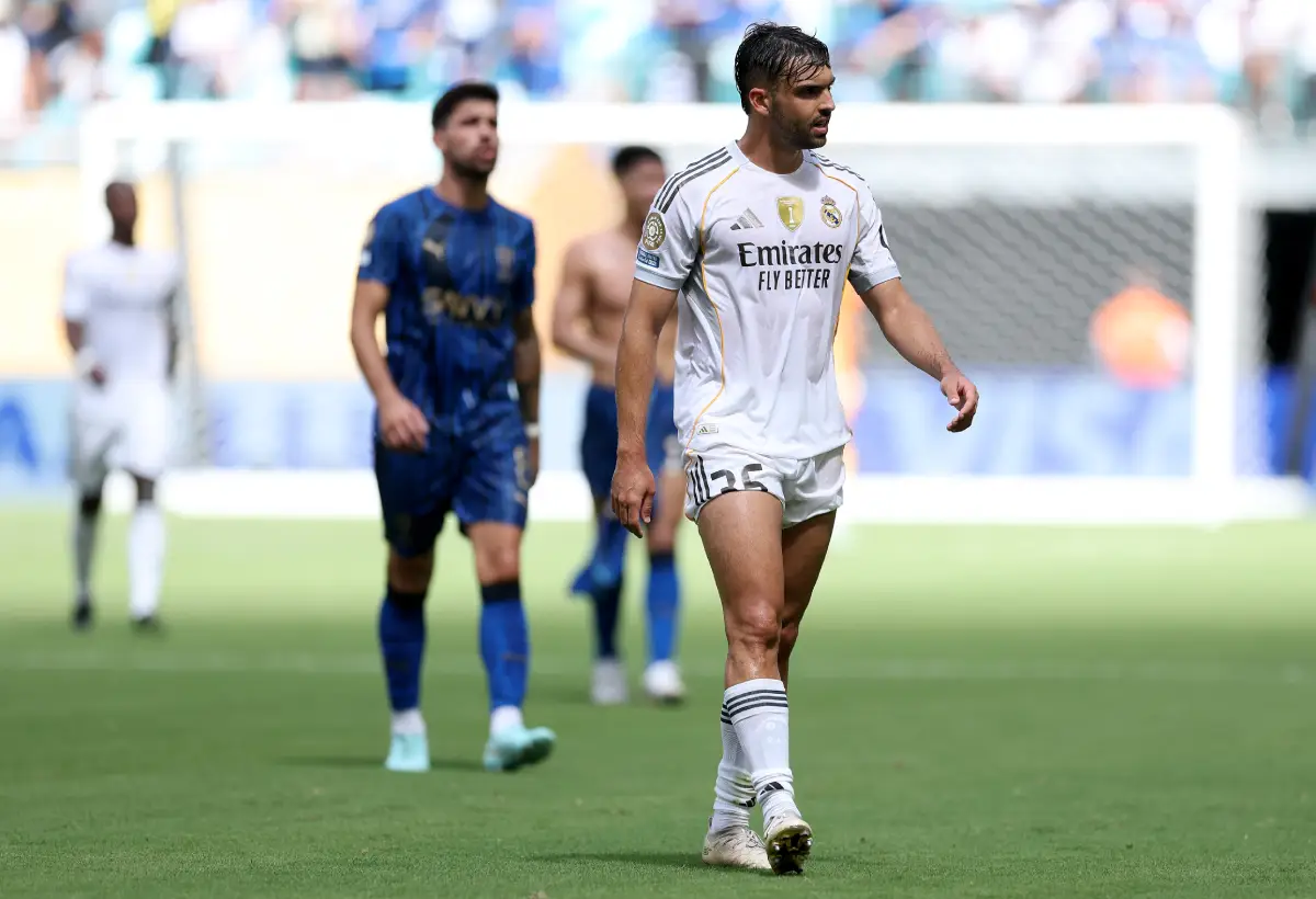 MIAMI GARDENS, FLORIDA - JUNE 18: Raul Asencio #35 of Real Madrid C. F. leaves the pitch for halftime during the FIFA Club World Cup 2025 group H match between Real Madrid CF and Al Hilal at Hard Rock Stadium on June 18, 2025 in Miami Gardens, Florida. (Photo by Dan Mullan/Getty Images)
