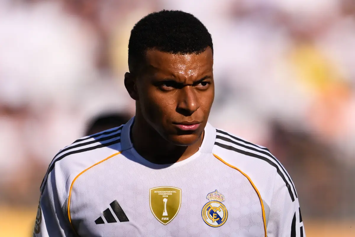 EAST RUTHERFORD, NEW JERSEY - JULY 05: Kylian Mbappé of Real Madrid looks on during the FIFA Club World Cup 2025 quarter-final match between Real Madrid CF and Borussia Dortmund at MetLife Stadium on July 05, 2025 in East Rutherford, New Jersey. (Photo by David Ramos/Getty Images)