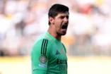 EAST RUTHERFORD, NEW JERSEY - JULY 05: Thibaut Courtois #1 of Real Madrid C.F. reacts following the FIFA Club World Cup 2025 quarter-final match between Real Madrid CF and Borussia Dortmund at MetLife Stadium on July 05, 2025 in East Rutherford, New Jersey. (Photo by Francois Nel/Getty Images)