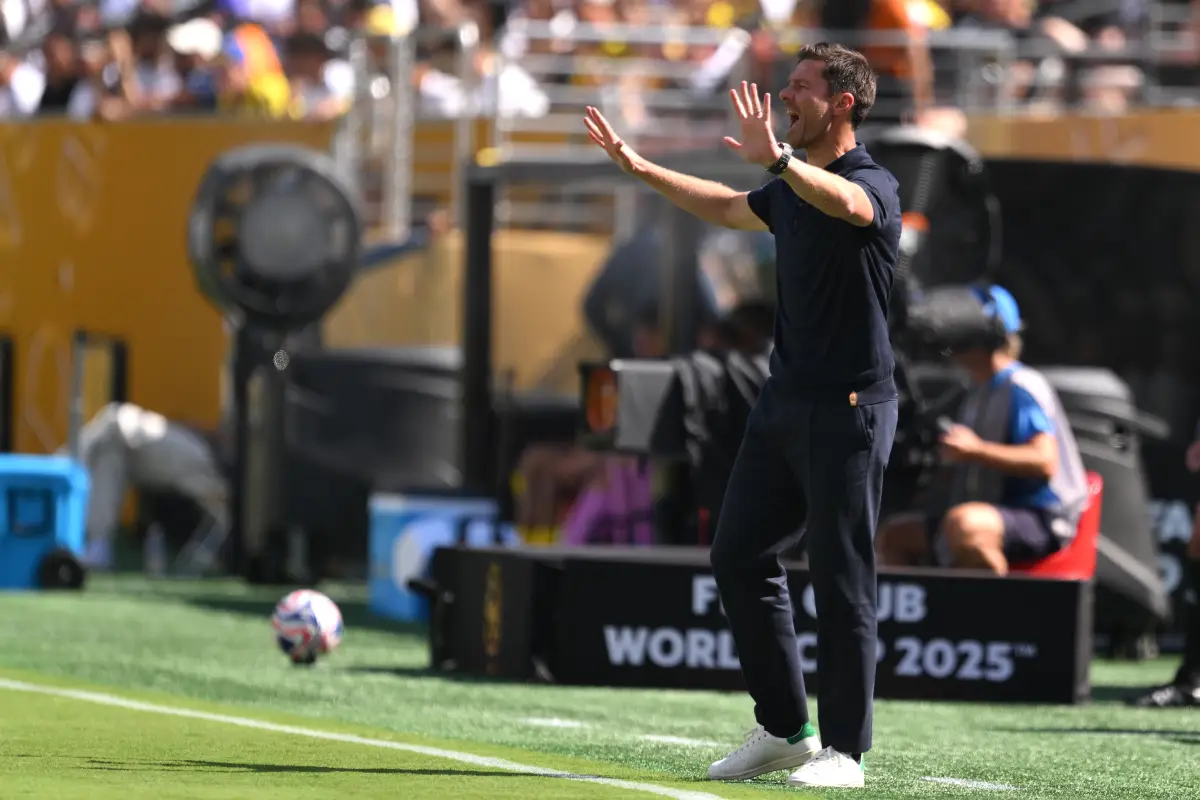 EAST RUTHERFORD, NEW JERSEY - JULY 05: Xabi Alonso, Head Coach of Real Madrid C.F., reacts during the FIFA Club World Cup 2025 quarter-final match between Real Madrid CF and Borussia Dortmund at MetLife Stadium on July 05, 2025 in East Rutherford, New Jersey. (Photo by David Ramos/Getty Images)