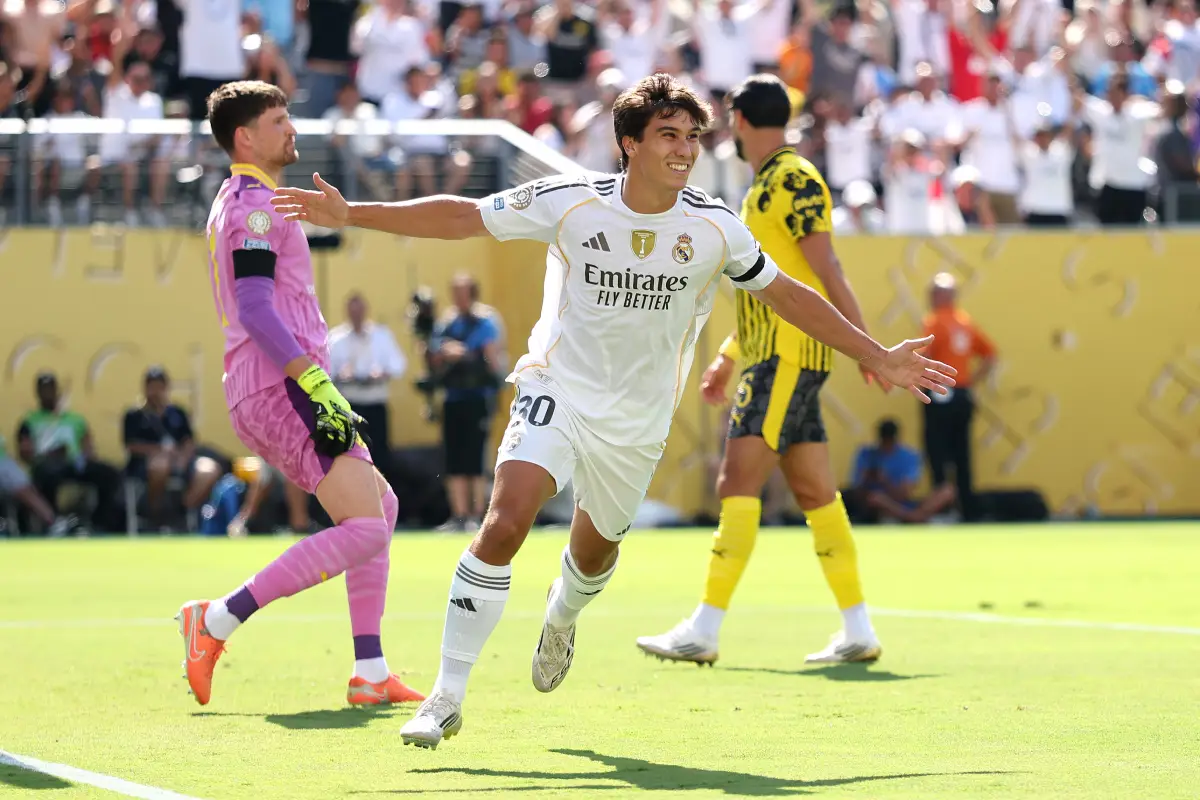 EAST RUTHERFORD, NEW JERSEY - JULY 05: Gonzalo Garcia #30 of Real Madrid celebrates scoring his team's first goal during the FIFA Club World Cup 2025 quarter-final match between Real Madrid CF and Borussia Dortmund at MetLife Stadium on July 05, 2025 in East Rutherford, New Jersey. (Photo by Luke Hales/Getty Images)