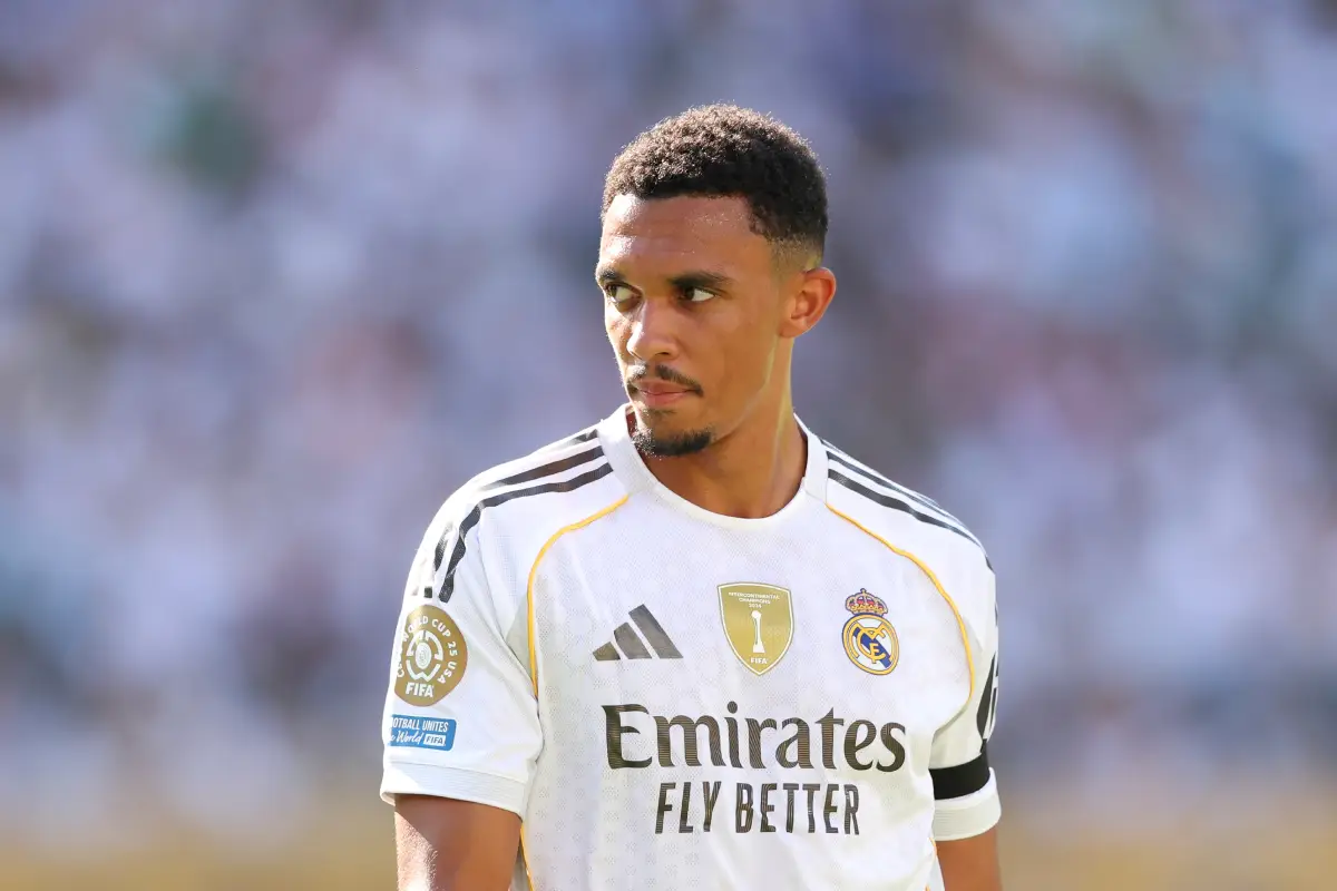 EAST RUTHERFORD, NEW JERSEY - JULY 05: Trent Alexander-Arnold #12 of Real Madrid C.F. looks on during the FIFA Club World Cup 2025 quarter-final match between Real Madrid CF and Borussia Dortmund at MetLife Stadium on July 05, 2025 in East Rutherford, New Jersey. (Photo by Luke Hales/Getty Images)