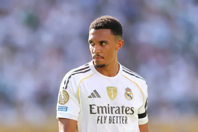 EAST RUTHERFORD, NEW JERSEY - JULY 05: Trent Alexander-Arnold #12 of Real Madrid C.F. looks on during the FIFA Club World Cup 2025 quarter-final match between Real Madrid CF and Borussia Dortmund at MetLife Stadium on July 05, 2025 in East Rutherford, New Jersey. (Photo by Luke Hales/Getty Images).