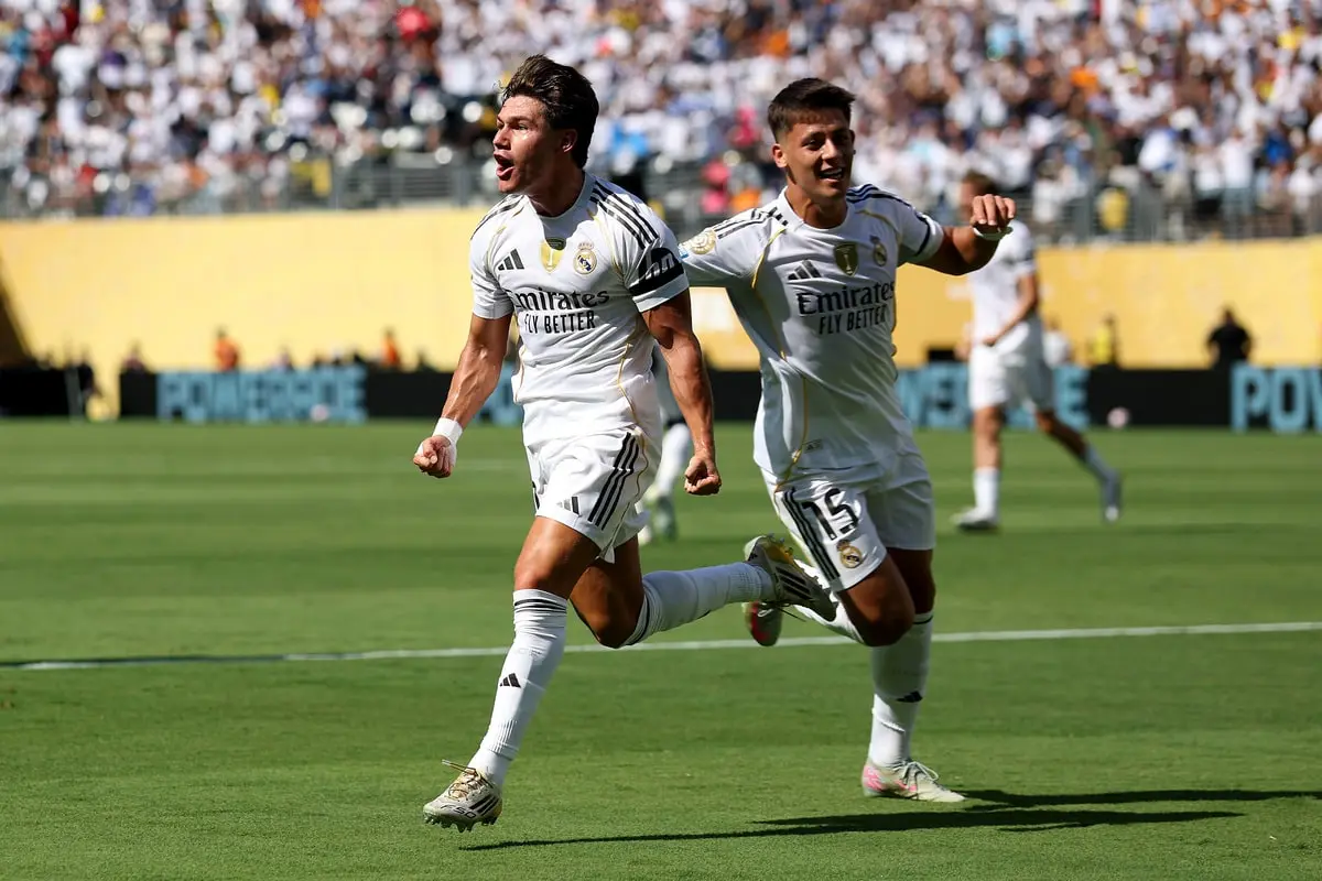EAST RUTHERFORD, NEW JERSEY - JULY 05: Fran Garcia #20 of Real Madrid C.F. celebrates scoring his team's second goal with teammate Arda Gueler #15 during the FIFA Club World Cup 2025 quarter-final match between Real Madrid CF and Borussia Dortmund at MetLife Stadium on July 05, 2025 in East Rutherford, New Jersey. (Photo by Francois Nel/Getty Images)