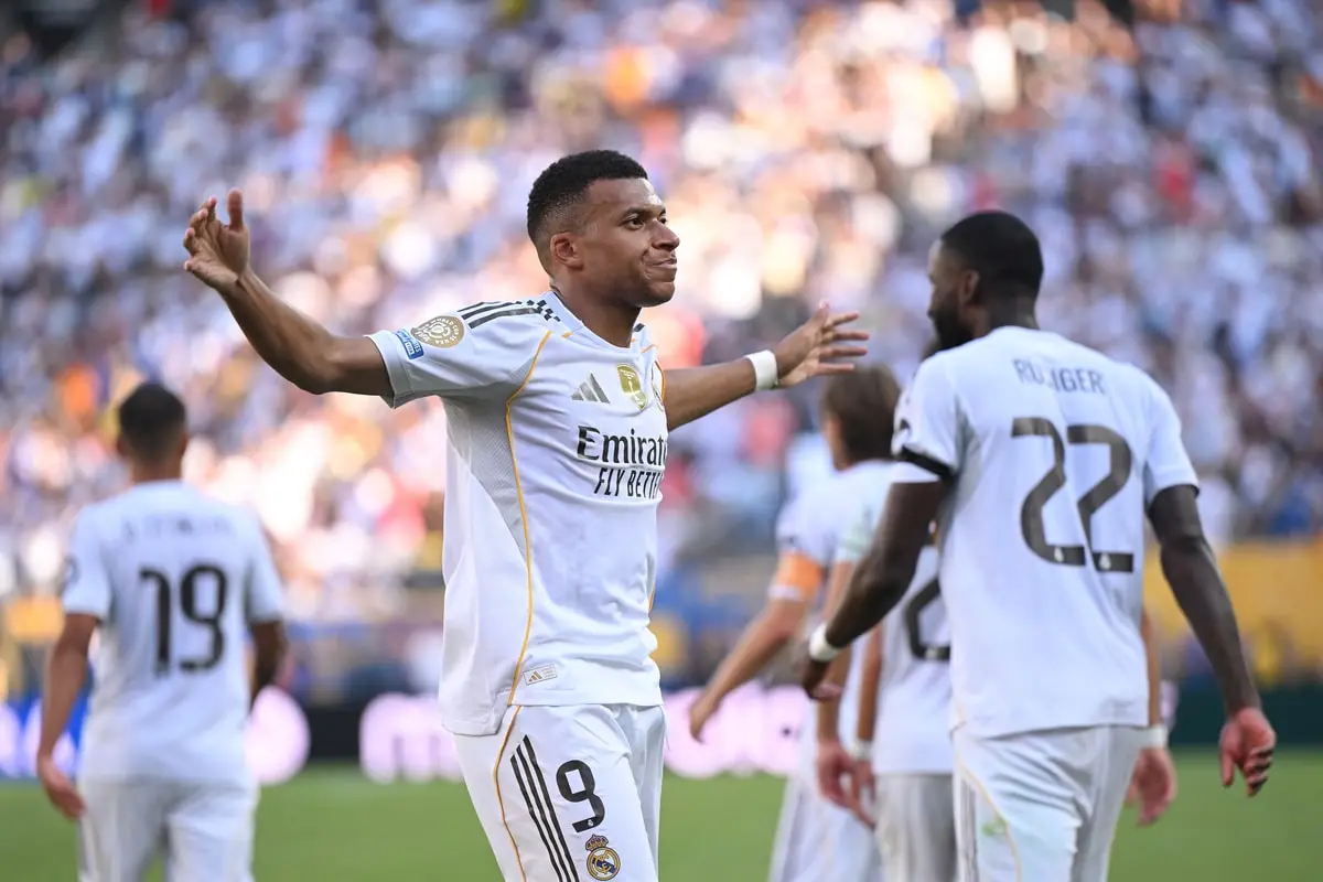 EAST RUTHERFORD, NEW JERSEY - JULY 05: Kylian Mbappe #9 of Real Madrid C.F. celebrates scoring his team's third goal during the FIFA Club World Cup 2025 quarter-final match between Real Madrid CF and Borussia Dortmund at MetLife Stadium on July 05, 2025 in East Rutherford, New Jersey. (Photo by David Ramos/Getty Images)
