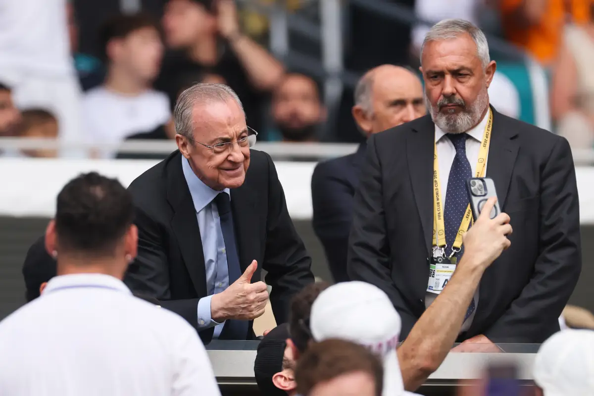 MIAMI GARDENS, FLORIDA - JULY 01: Florentino Pérez (L), President of Real Madrid CF, greets fans during the FIFA Club World Cup 2025 round of 16 match between Real Madrid CF and Juventus FC at Hard Rock Stadium on July 01, 2025 in Miami Gardens, Florida. (Photo by Michael Reaves/Getty Images)