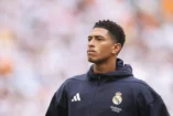 MIAMI GARDENS, FLORIDA - JULY 01: Jude Bellingham #5 of Real Madrid C.F. looks on prior to the FIFA Club World Cup 2025 round of 16 match between Real Madrid CF and Juventus FC at Hard Rock Stadium on July 01, 2025 in Miami Gardens, Florida. (Photo by Michael Reaves/Getty Images)
