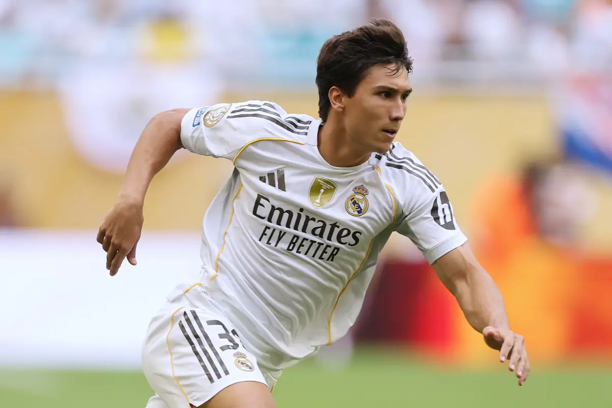 MIAMI GARDENS, FLORIDA - JULY 01: Gonzalo Garcia #30 of Real Madrid C. F. in action during the FIFA Club World Cup 2025 round of 16 match between Real Madrid CF and Juventus FC at Hard Rock Stadium on July 01, 2025 in Miami Gardens, Florida. (Photo by Michael Reaves/Getty Images)