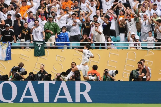 MIAMI GARDENS, FLORIDA - JULY 01: Gonzalo Garcia #30 of Real Madrid C.F. celebrates scoring his team's first goal during the FIFA Club World Cup 2025 round of 16 match between Real Madrid CF and Juventus FC at Hard Rock Stadium on July 01, 2025 in Miami Gardens, Florida. (Photo by Michael Reaves/Getty Images).