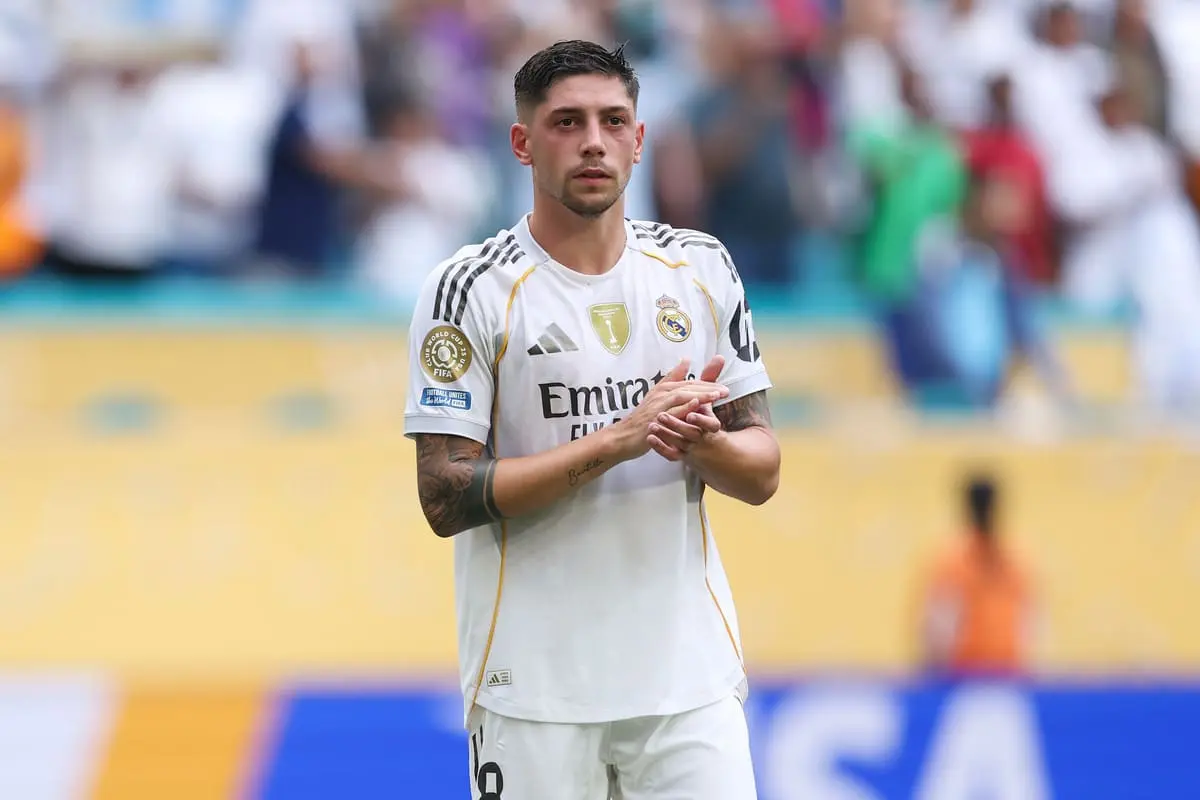 MIAMI GARDENS, FLORIDA - JULY 01: Federico Valverde #8 of Real Madrid C.F. reacts during the FIFA Club World Cup 2025 round of 16 match between Real Madrid CF and Juventus FC at Hard Rock Stadium on July 01, 2025 in Miami Gardens, Florida. (Photo by Kevin C. Cox/Getty Images).