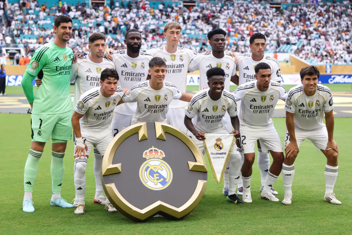 MIAMI GARDENS, FLORIDA - JULY 01: Players of Real Madrid C. F. pose for a team photograph prior to the FIFA Club World Cup 2025 round of 16 match between Real Madrid CF and Juventus FC at Hard Rock Stadium on July 01, 2025 in Miami Gardens, Florida. (Photo by Megan Briggs/Getty Images)