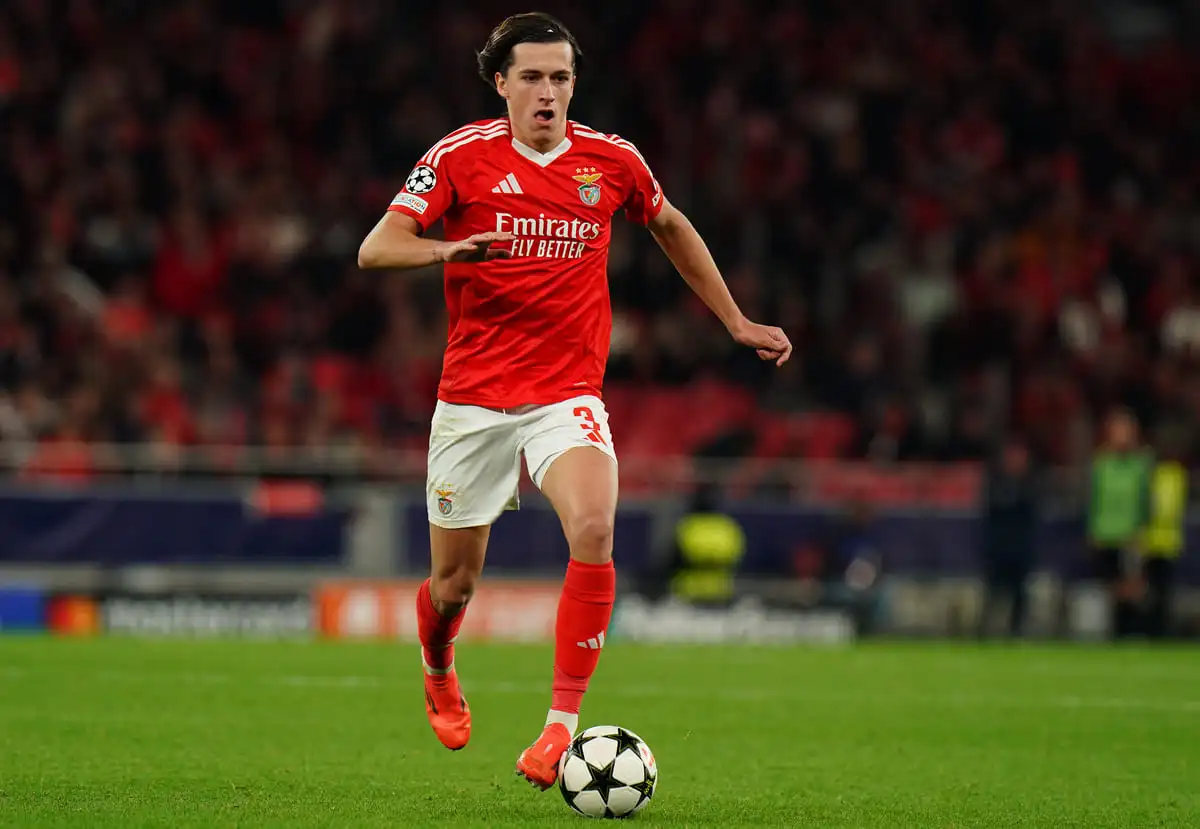 LISBON, PORTUGAL - DECEMBER 11: Alvaro Carreras of SL Benfica in action during the UEFA Champions League 2024/25 League Phase MD6 match between SL Benfica and Bologna FC 1909 at Estadio da Luz on December 11, 2024 in Lisbon, Portugal. (Photo by Gualter Fatia/Getty Images).