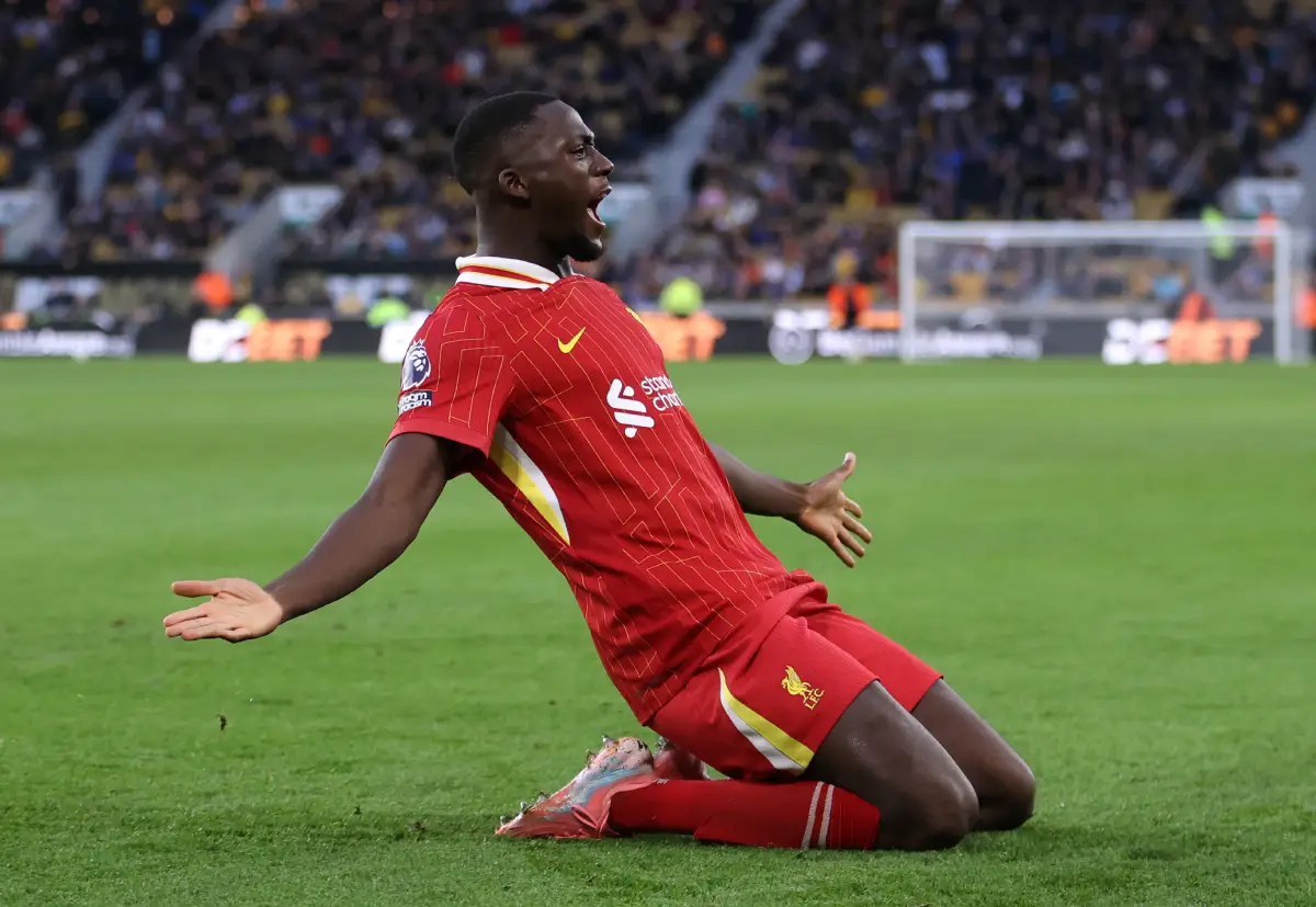 WOLVERHAMPTON, ENGLAND - SEPTEMBER 28: Ibrahima Konate of Liverpool celebrates scoring his team's first goal during the Premier League match between Wolverhampton Wanderers FC and Liverpool FC at Molineux on September 28, 2024 in Wolverhampton, England. (Photo by Michael Steele/Getty Images)