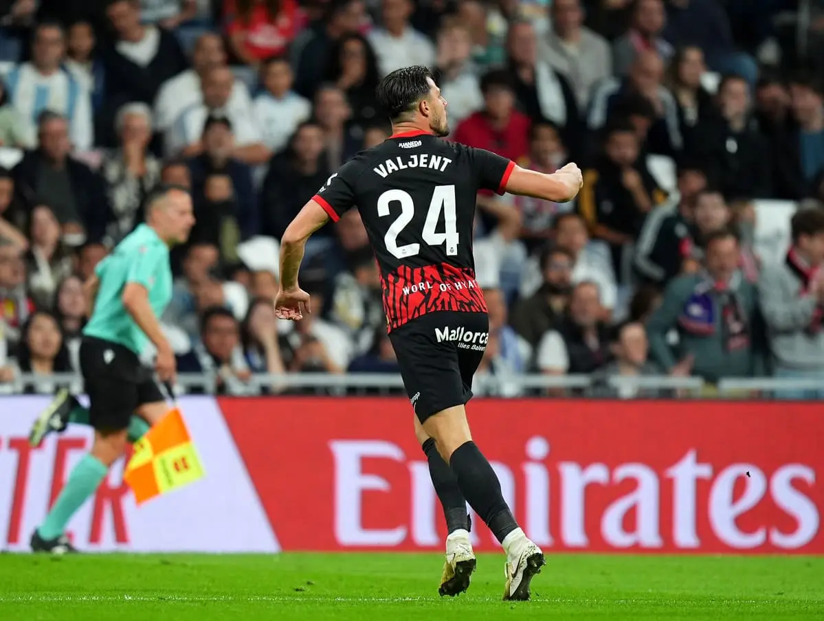 MADRID, SPAIN - MAY 14: Martin Valjent of RCD Mallorca celebrates scoring his team's first goal during the LaLiga match between Real Madrid CF and RCD Mallorca at Estadio Santiago Bernabeu on May 14, 2025 in Madrid, Spain. (Photo by Angel Martinez/Getty Images)