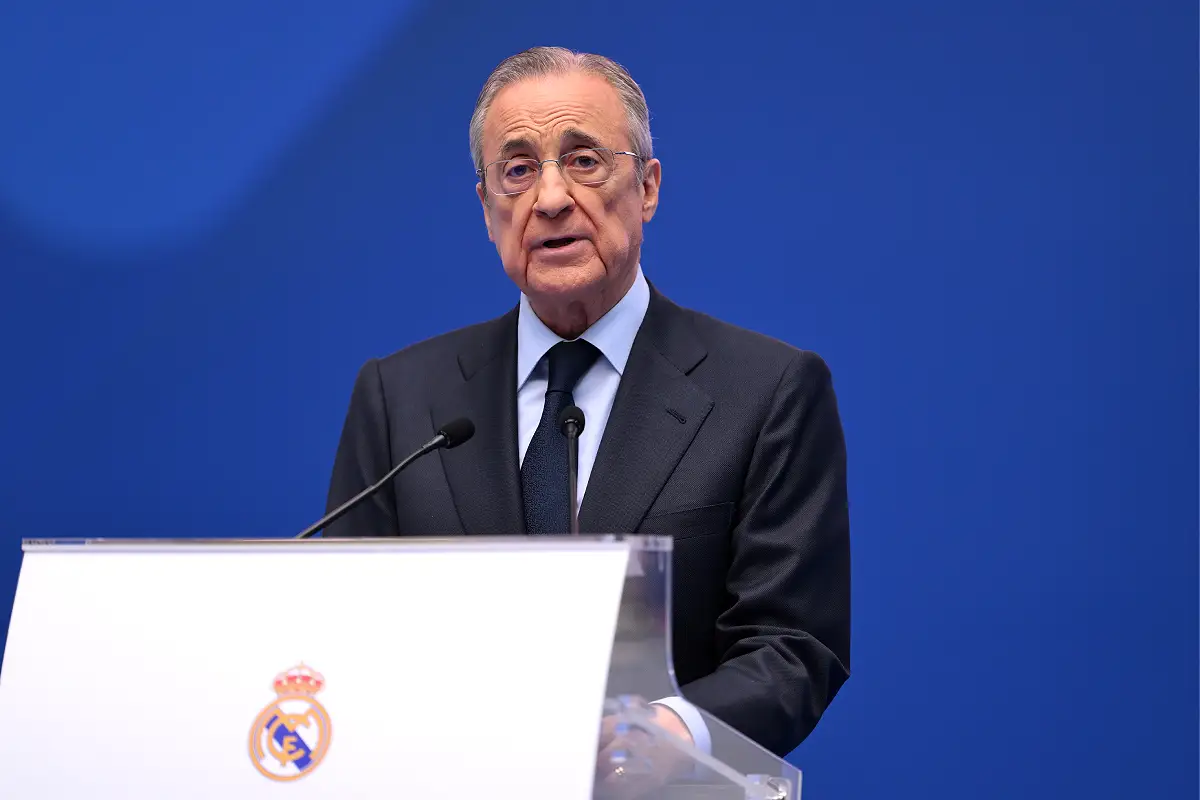 MADRID, SPAIN - JULY 16: Florentino Perez Rodriguez, President of Real Madrid speaks as Real Madrid new signing, Kylian Mbappe is unveiled at Estadio Santiago Bernabeu on July 16, 2024 in Madrid, Spain. (Photo by David Ramos/Getty Images)