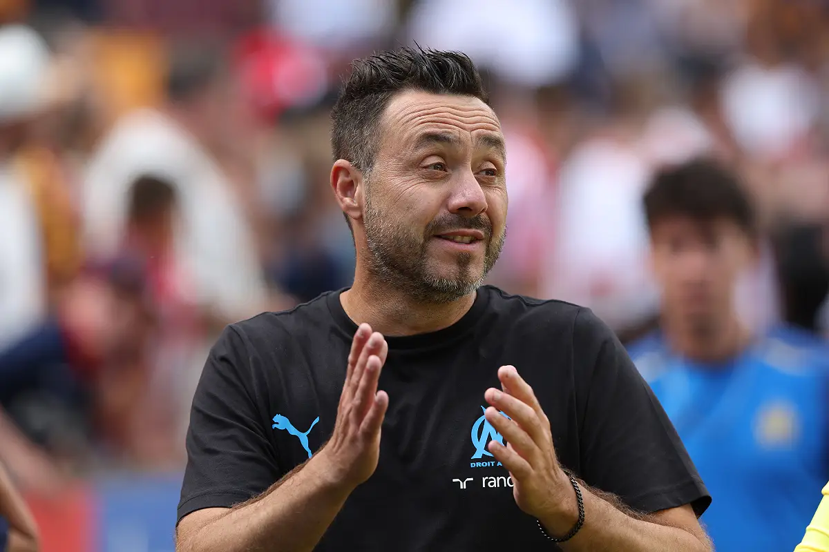 BRADFORD, ENGLAND - AUGUST 3: Roberto De Zerbi manager of Olympique Marseille during the pre-season friendly match between Sunderland and OM at University of Bradford Stadium on August 3, 2024 in Bradford, England. (Photo by Nigel Roddis/Getty Images)
