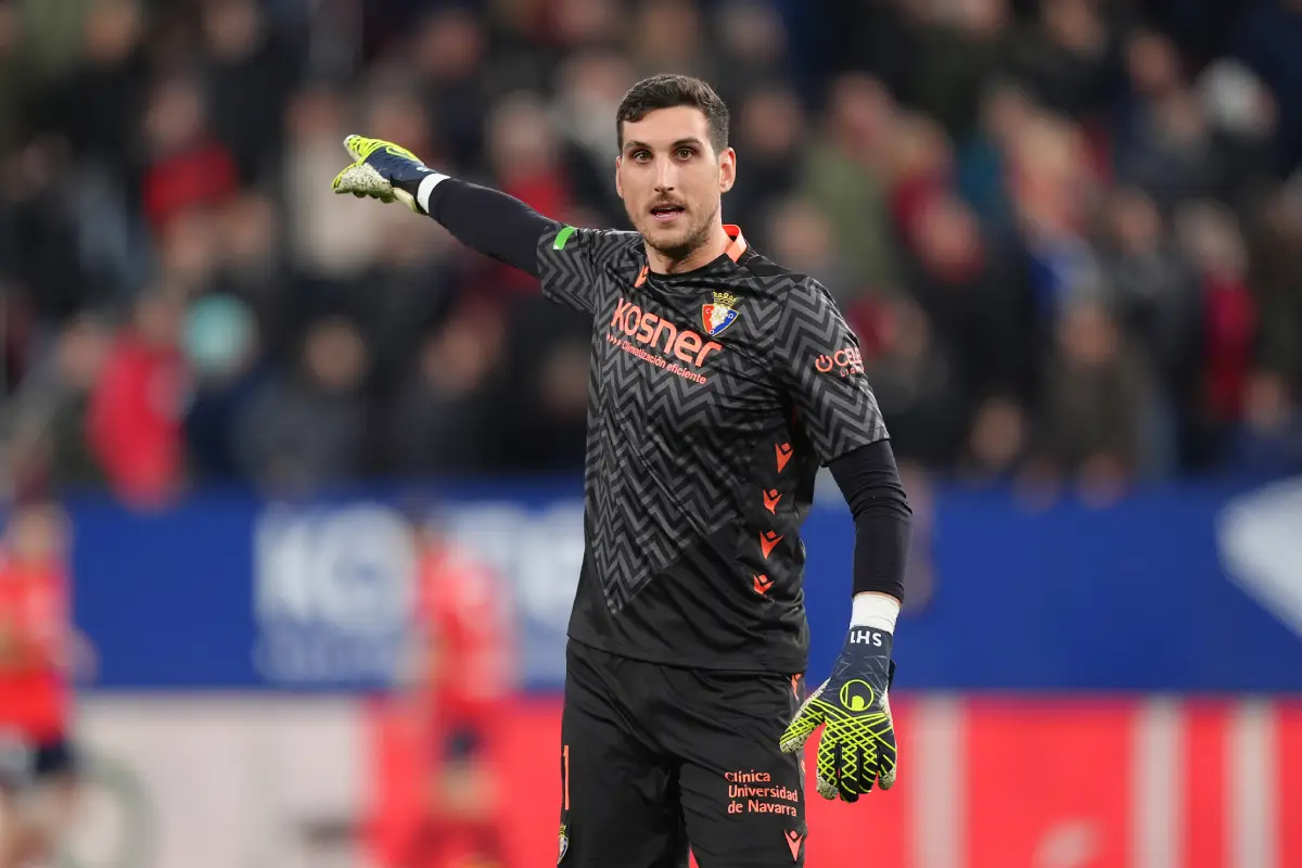 PAMPLONA, SPAIN - FEBRUARY 02: Sergio Herrera of CA Osasuna reacts during the LaLiga match between CA Osasuna and Real Sociedad at Estadio El Sadar on February 02, 2025 in Pamplona, Spain. (Photo by Juan Manuel Serrano Arce/Getty Images)