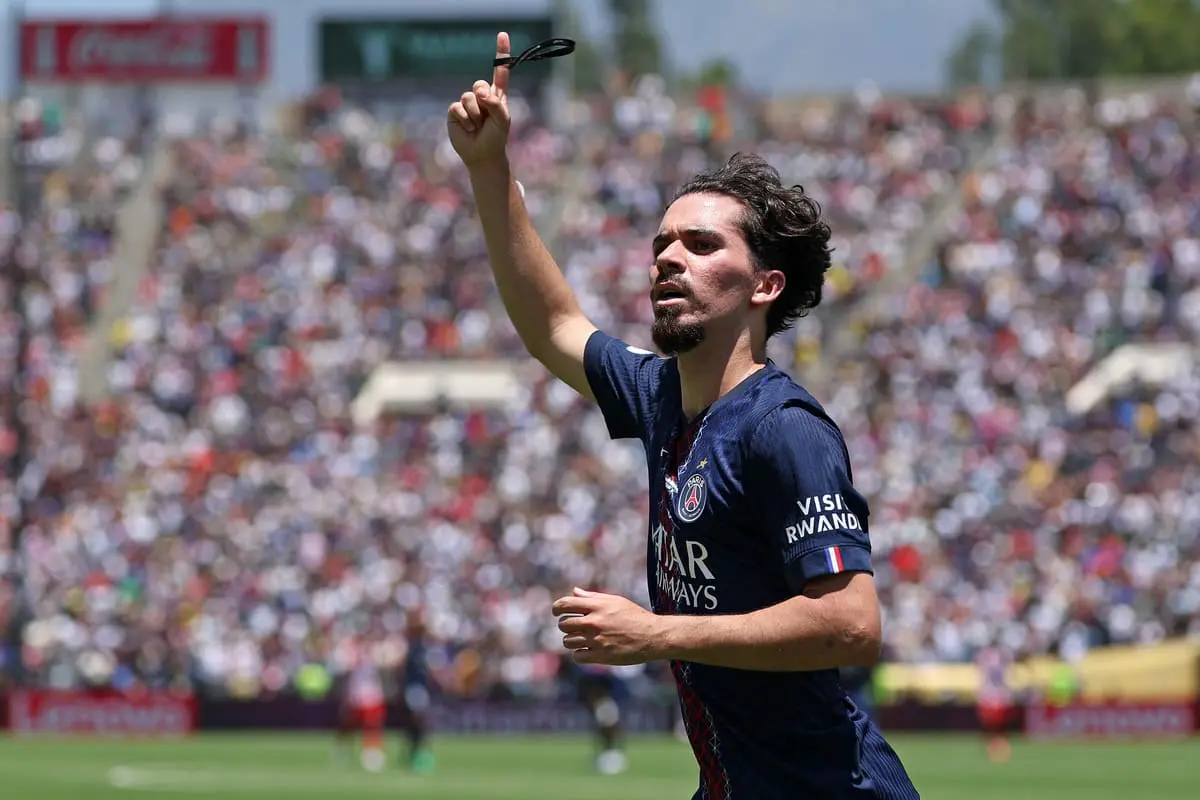 PASADENA, CALIFORNIA - JUNE 15: Vitinha #17 of Paris Saint-Germain celebrates scoring his team's second goal during the FIFA Club World Cup 2025 group B match between Paris Saint-Germain FC and Club Atletico de Madrid at Rose Bowl Stadium on June 15, 2025 in Pasadena, California. (Photo by Harry How/Getty Images)