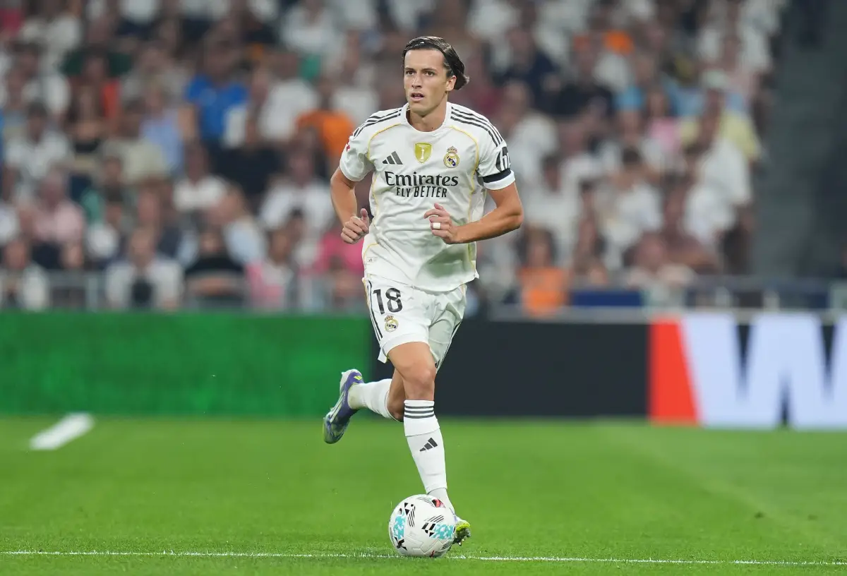 MADRID, SPAIN - AUGUST 19: Álvaro Carreras of Real Madrid in action during the LaLiga EA Sports match between Real Madrid CF and CA Osasuna at Estadio Santiago Bernabeu on August 19, 2025 in Madrid, Spain. (Photo by Angel Martinez/Getty Images)