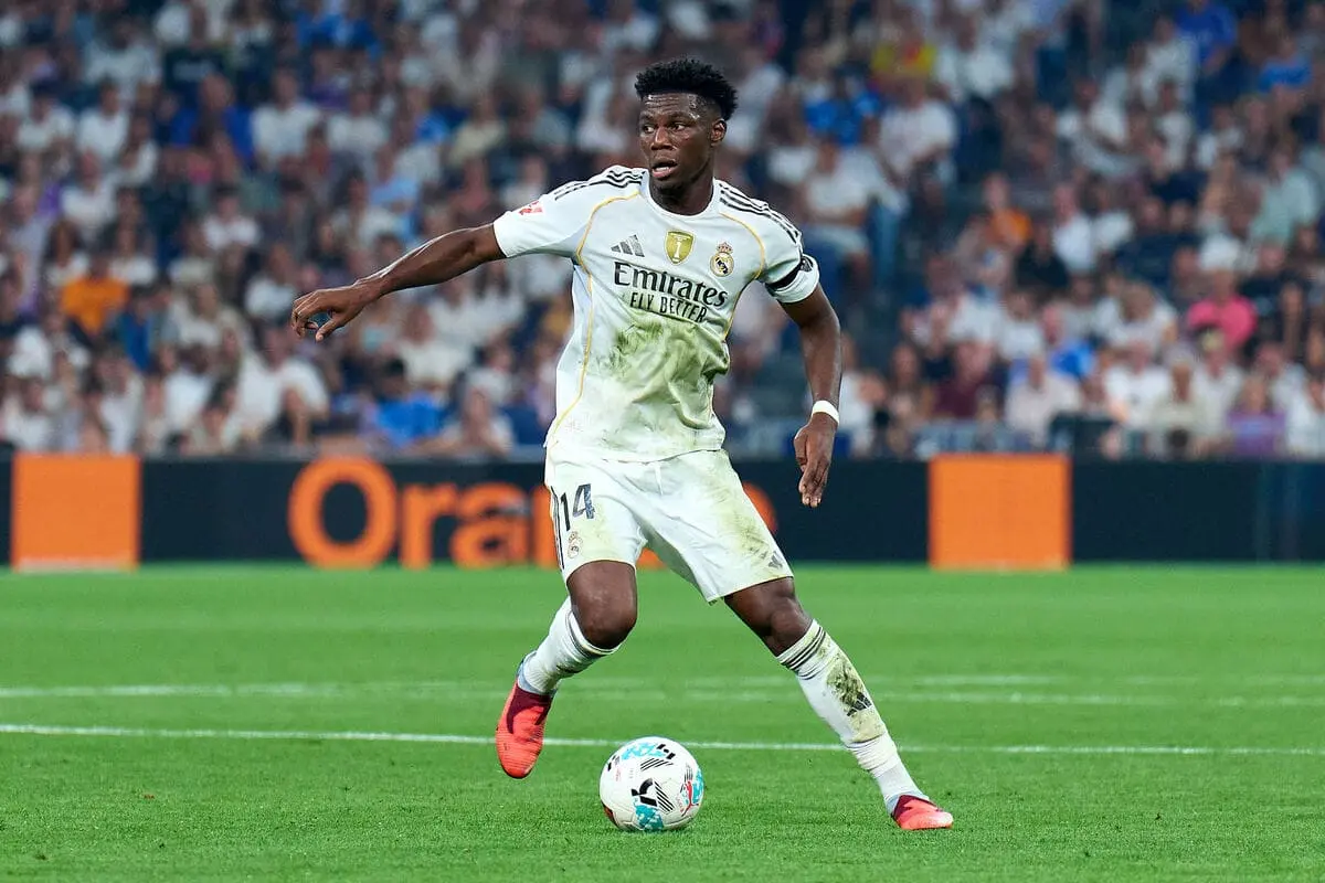 MADRID, SPAIN - AUGUST 19: Aurelien Tchouameni of Real Madrid in action during the LaLiga EA Sports match between Real Madrid CF and CA Osasuna at Estadio Santiago Bernabeu on August 19, 2025 in Madrid, Spain. (Photo by Angel Martinez/Getty Images)