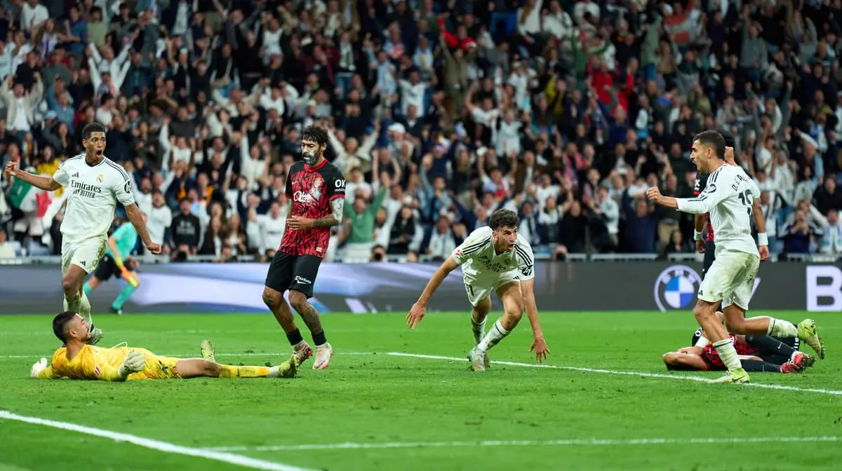 MADRID, SPAIN - MAY 14: Jacobo Ramon of Real Madrid celebrates scoring his team's second goal during the LaLiga match between Real Madrid CF and RCD Mallorca at Estadio Santiago Bernabeu on May 14, 2025 in Madrid, Spain. (Photo by Angel Martinez/Getty Images)