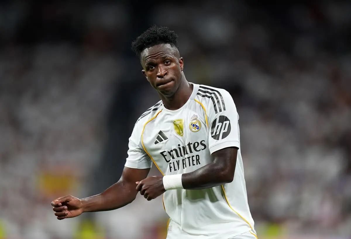 MADRID, SPAIN - AUGUST 30: Vinicius Junior of Real Madrid celebrates scoring his team's second goal during the LaLiga EA Sports match between Real Madrid CF and RCD Mallorca at Estadio Santiago Bernabeu on August 30, 2025 in Madrid, Spain. (Photo by Angel Martinez/Getty Images).