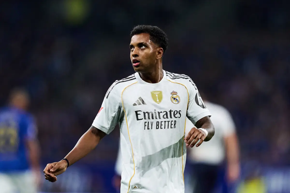 OVIEDO, SPAIN - AUGUST 24: Rodrygo Goes of Real Madrid looks on during the LaLiga EA Sports match between Real Oviedo and Real Madrid CF at Carlos Tartiere on August 24, 2025 in Oviedo, Spain. (Photo by Juan Manuel Serrano Arce/Getty Images)