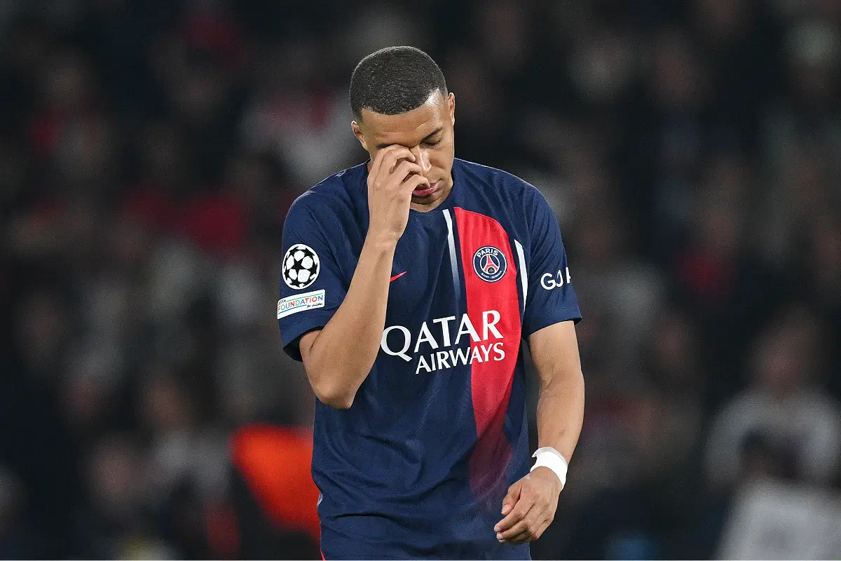 PARIS, FRANCE - MAY 07: Kylian Mbappe of Paris Saint-Germain looks dejected during the UEFA Champions League semi-final second leg match between Paris Saint-Germain and Borussia Dortmund at Parc des Princes on May 07, 2024 in Paris, France. (Photo by Matthias Hangst/Getty Images)