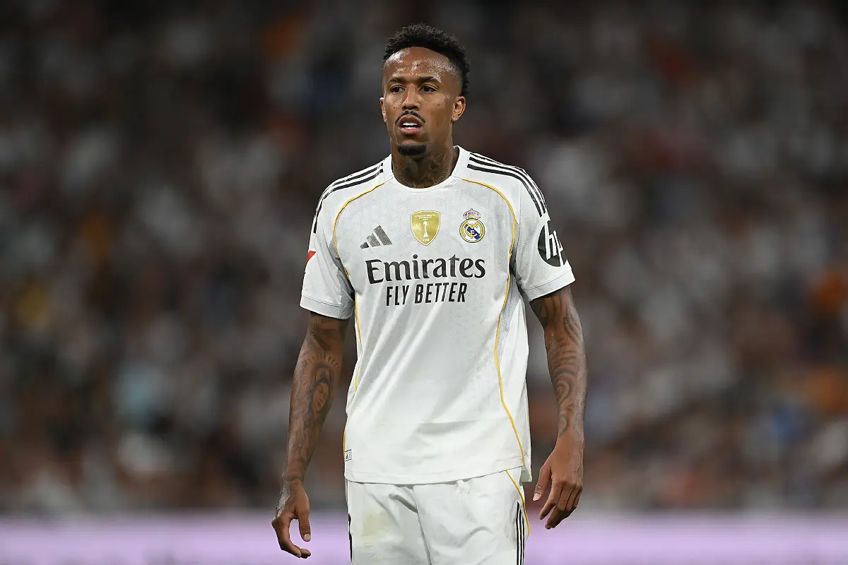 MADRID, SPAIN - AUGUST 30: Eder Militao of Real Madrid looks on during the LaLiga EA Sports match between Real Madrid CF and RCD Mallorca at Estadio Santiago Bernabeu on August 30, 2025 in Madrid, Spain. (Photo by Denis Doyle/Getty Images)